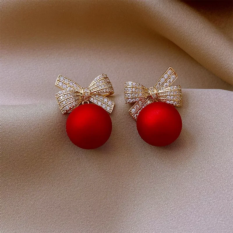 

New in Crystal Bow Knot Stud Earrings For Women Pearl Cherry Flowers Rhinestone Red Earring Girls Party Christmas Jewelry Gifts