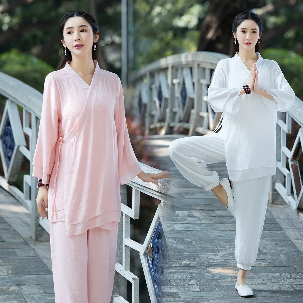 

2022 Ethnic Style Cotton and Linen Zen Clothes Three-quarter Sleeve Top + Elastic Waist Trousers Yoga Clothes Two-piece Set
