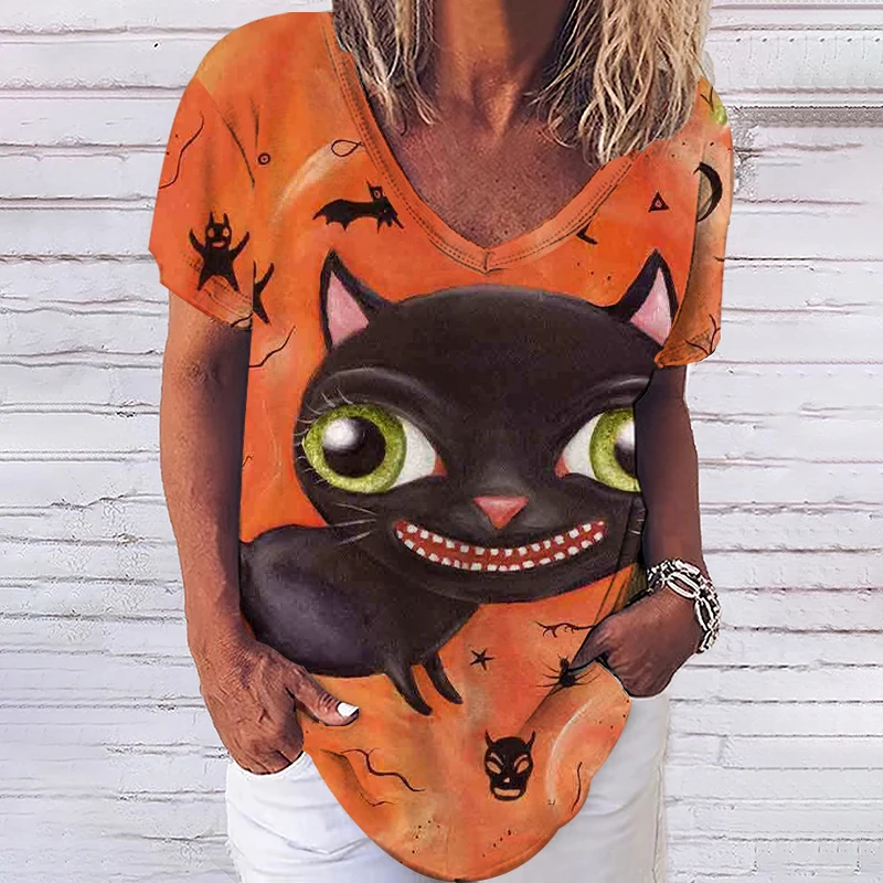 

Женская футболка с коротким рукавом, V-образным вырезом и 3D-принтом кота