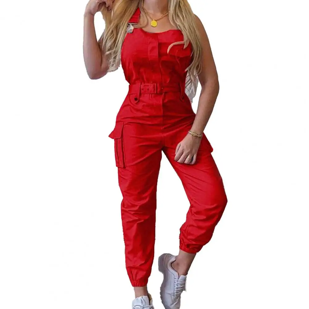 Women Cargo Jumpsuit Ankle Tied Shoulder Strap Women Outfit Sleeveless High Waist Pockets Romper Summer Women Overalls