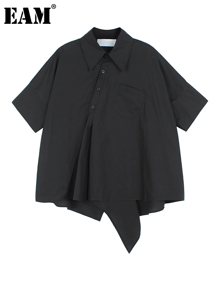 

[EAM] Women Black White Color-block Irregular Big Size Blouse New Lapel Short Sleeve Shirt Fashion Spring Summer 2022 1DE9190