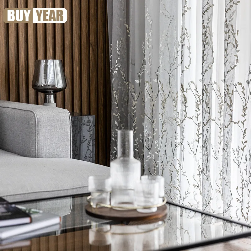 Оконные шторы с вышивкой в виде листьев для спальни пасторальные тюлевые