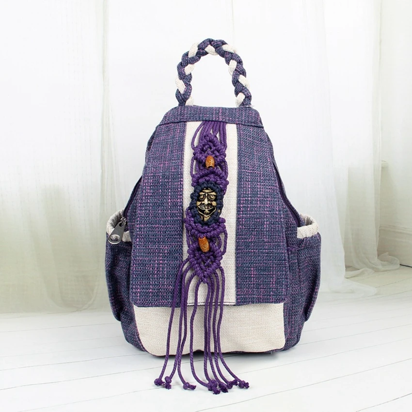 New Purple Cotton And Linen Bag Hand-woven Small Fresh Tassel College Style School Bag Double Zipper Women's Bag