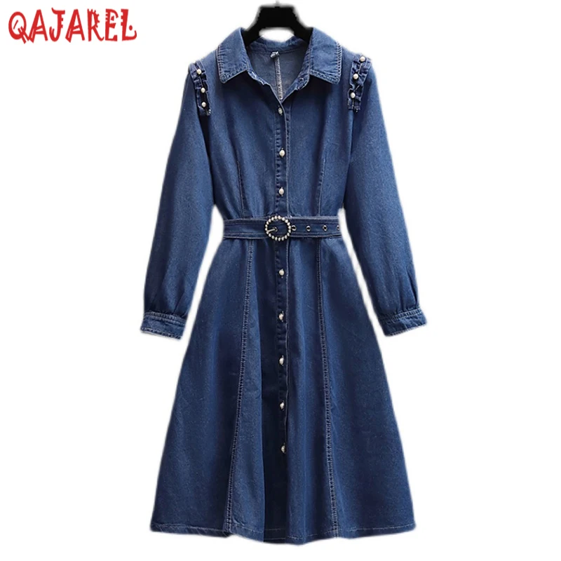 

Женское джинсовое платье-поло средней длины, голубое повседневное облегающее платье с длинным рукавом и воротником-поло в Корейском стиле для офиса, осень 2023