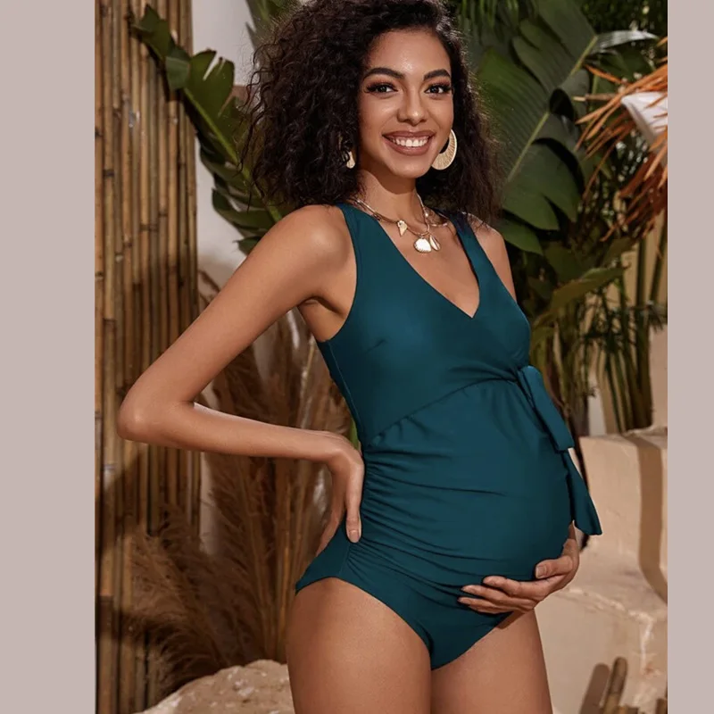 

Giolshon 2022 New Summer Bikini Maternity Solid Color Swimwear Beach Vacation Sexy Lace Up Slim One Piece Swimsuit Holiday