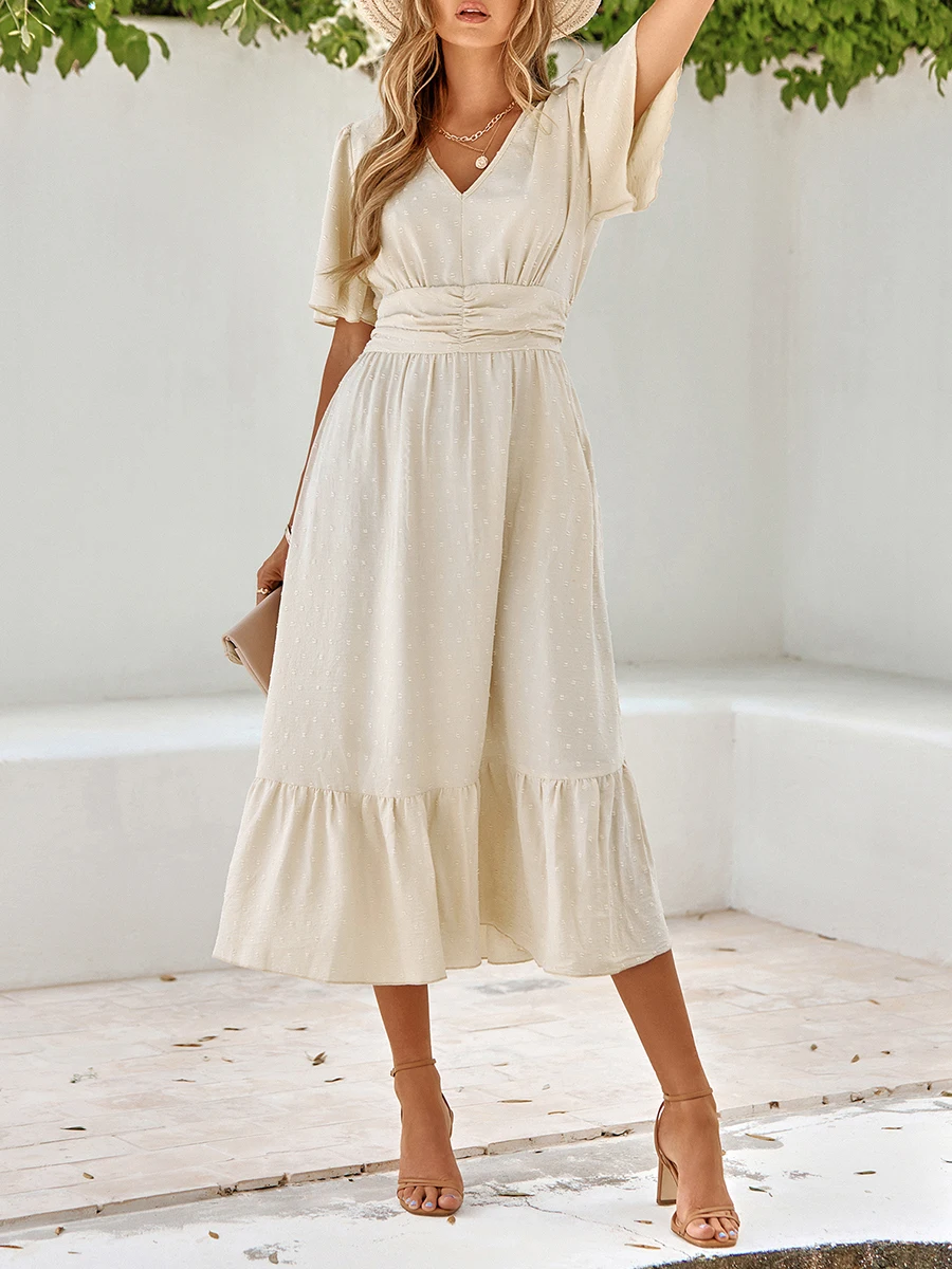 

Elegant Swiss Dot V-Neck Ruffle Dress for Women - Short Sleeve Solid Color Summer Dress with Sweet Fashion Temperament - Casual