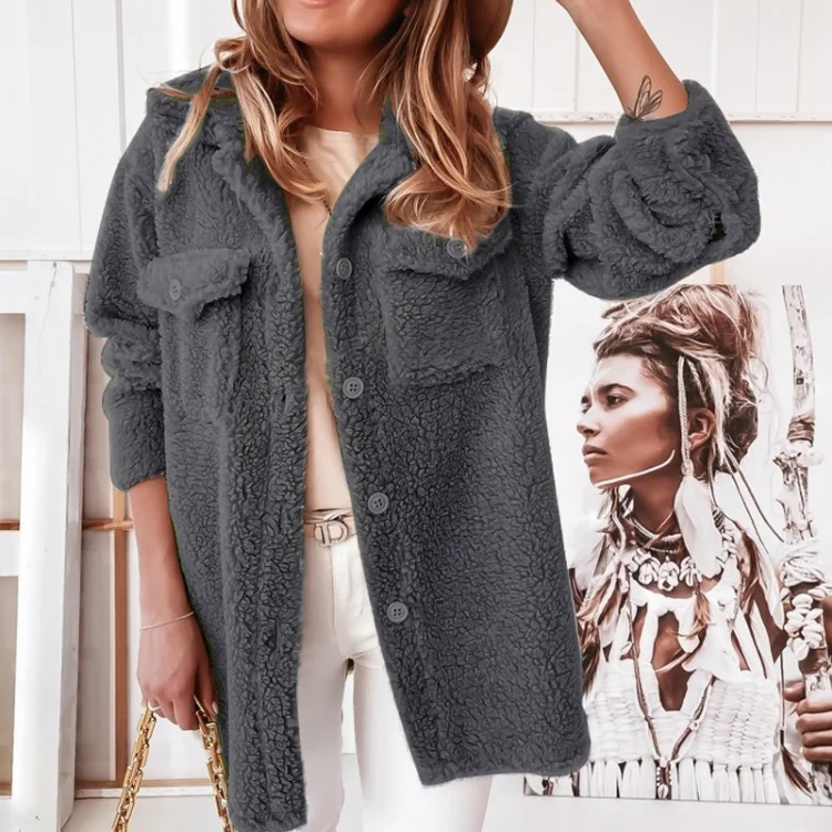 

Women Fashion Furry Solid Outerwear Lady Elegant Single-breasted Loose Cardigan Tops Winter Lapel Collar Button Jackets Coat