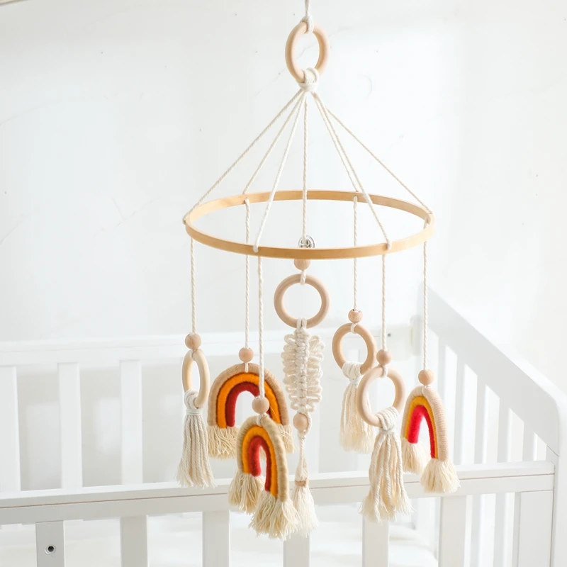 Baby Bed Rattle Rainbow Wooden Circle Toys Newborn Crib Mobile Rattles Rainbow Tassel Bed Bell Rotating Wind Chime Nursery Decor