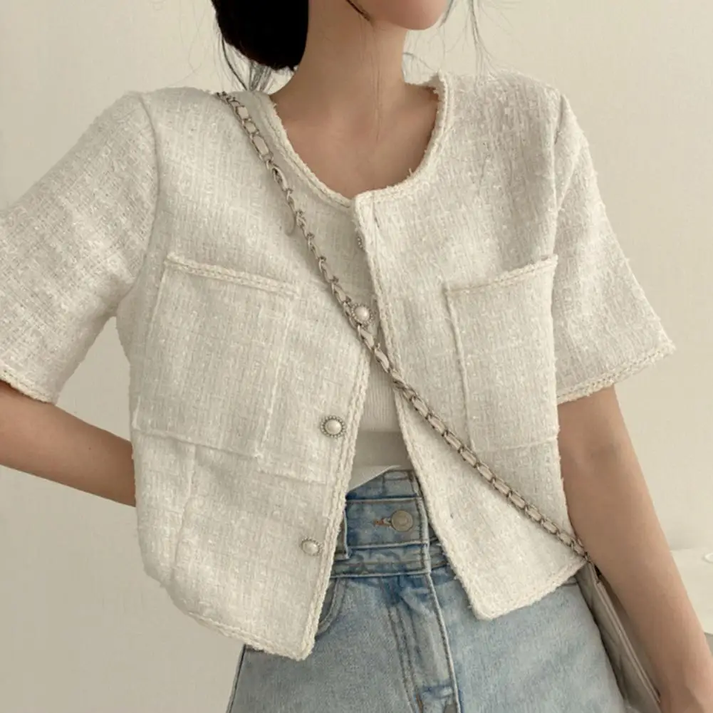 

Women Coat French Style Women's Short Sleeve Elegant Single-breasted Coat for Spring Fall Fashion Short Sleeve Coat