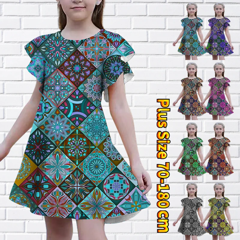 

Летнее Повседневное платье принцессы, свободная юбка с коротким рукавом и принтом, модная юбка до колена с круглым вырезом для девушек, 2023