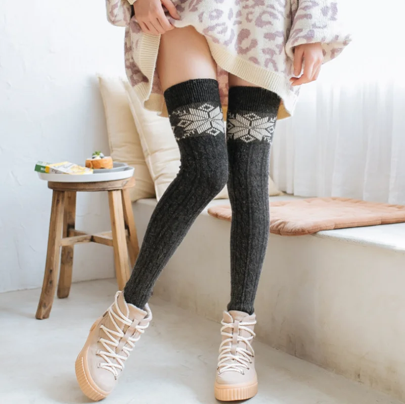 

Wool Leg Warmer Women's Autumn Winter Over Knee Long Socks High Tube Leggings Snowflake Boot Cuff Rabbit Fur Mixed Warm Stocking