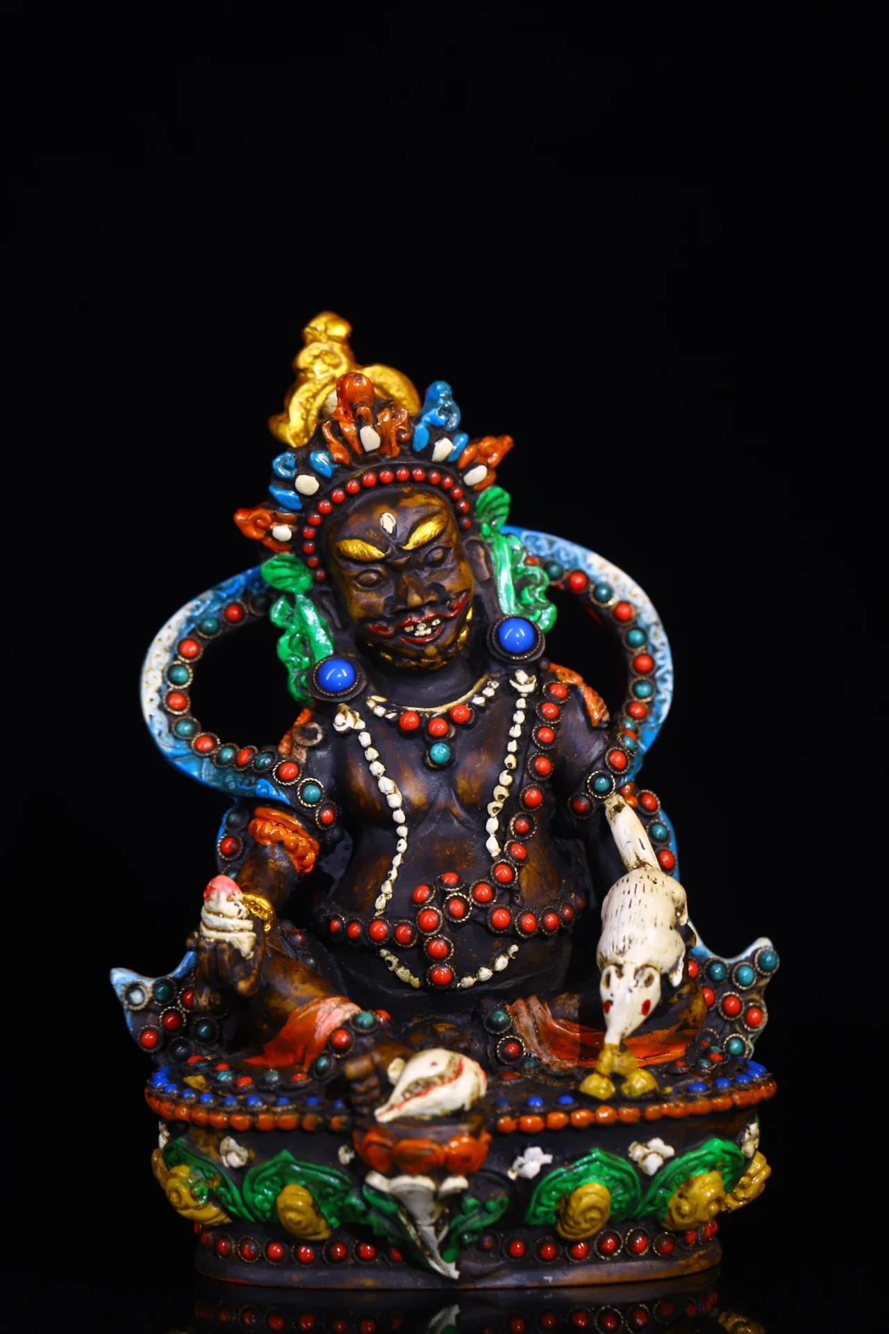 

7" Tibetan Temple Collection old yak bone painted mosaic gem Huang Caishen lotus platform worship buddha Amulet Town house
