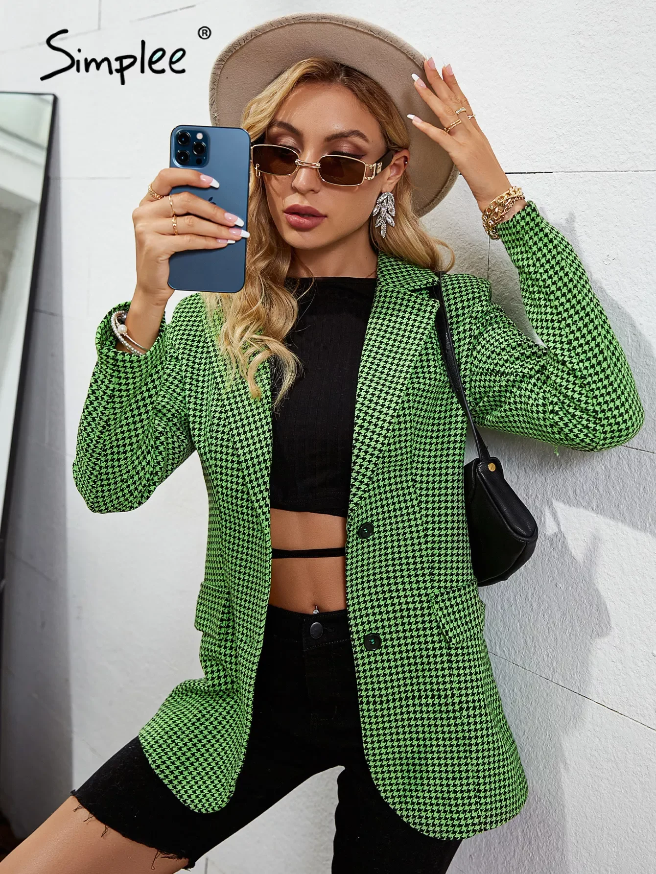 

New in Houndstooth green pocket office blazer women Causal double-button lapel suit blazer autumn Fashion female top coats 2022