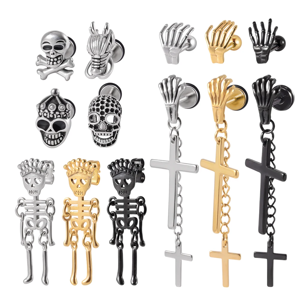 

1Pcs Stainless Steel Punk Gothic Skull Body Ghost Hand Cross Pendant Crown Fashion Man Body Piercing Jewelry
