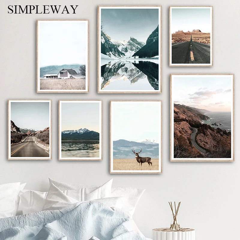 

Scandinavian Decoration Landscape Photography Poster Deer Mountain Road Nordic Art Painting Canvas Print Wall Picture Home Decor