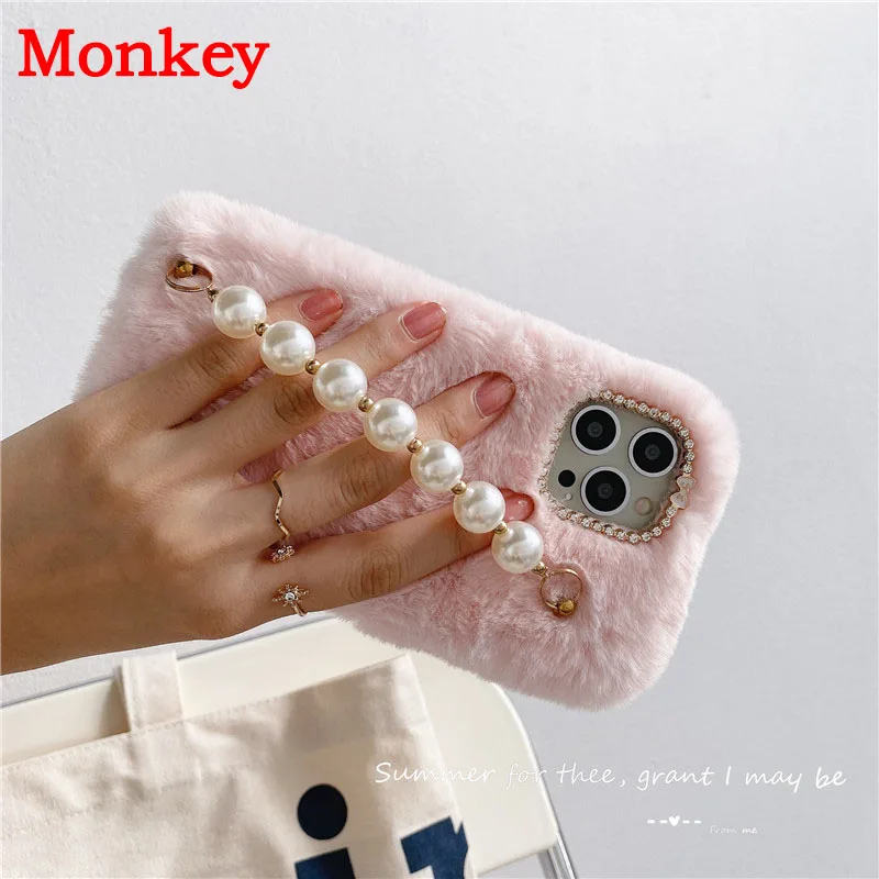 Soft Plush Wrist Strap Pearl Bracelet Phone Case For Samsung S21 S20 Plus Note20 A52 A72 A32 A12 A21S A50 A70 A51 A71 Cover Capa