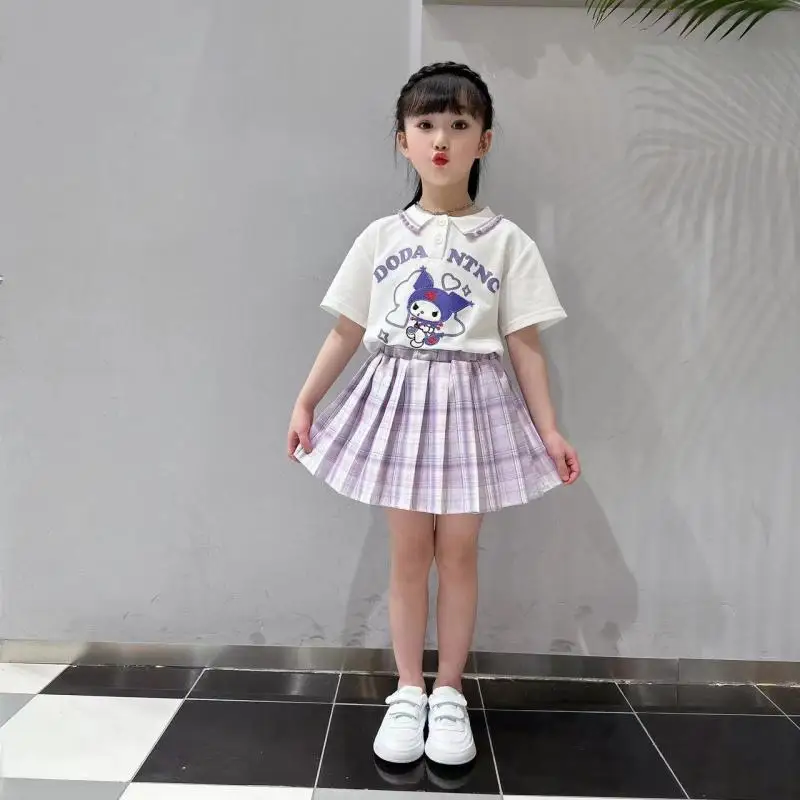 Kawaii Anime Sanrio Cinnamoroll My Melody Kuromi Summer Girls Pleated Skirt Set Cartoon Cute Preppy T-Shirt Sweet Princess Dress