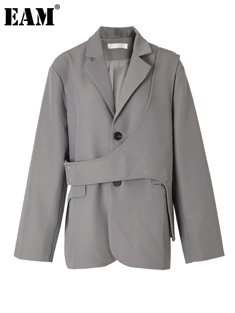 [EAM]  Women Gray Irregular Big Size Blazer New Lapel Long Sleeve Loose Fit Jacket Fashion Tide Spring Autumn 2023 1DF3051