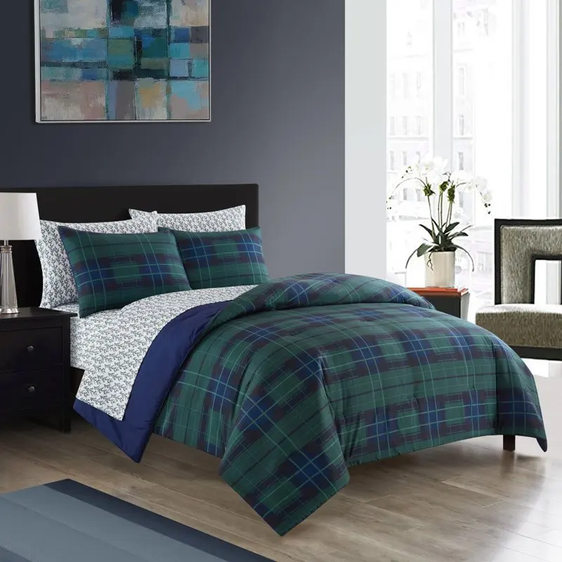 

Super Soft 7-Piece Blue Tartan Plaid Bed in a Bag Bedding Set, Queen