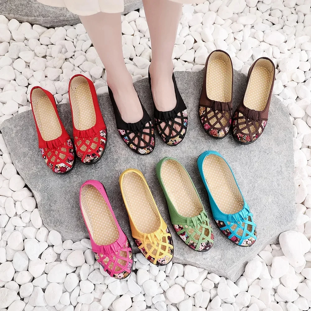 

Туфли женские холщовые в стиле старого Пекина, дышащие туфли на плоской подошве, этнические дизайнерские Лоферы для мам с перекрестной шнур...