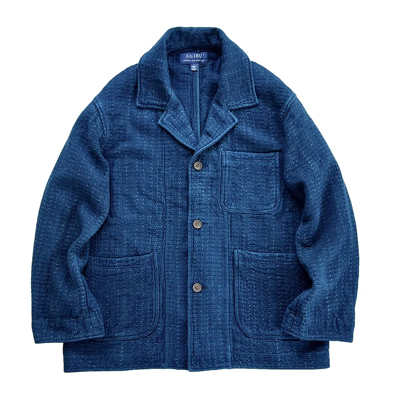 

Men's Blazer Indigo Blue Sashiko Thick Regular Fit French Workwear Sack Suit Autumn Winter Vintage Jacket