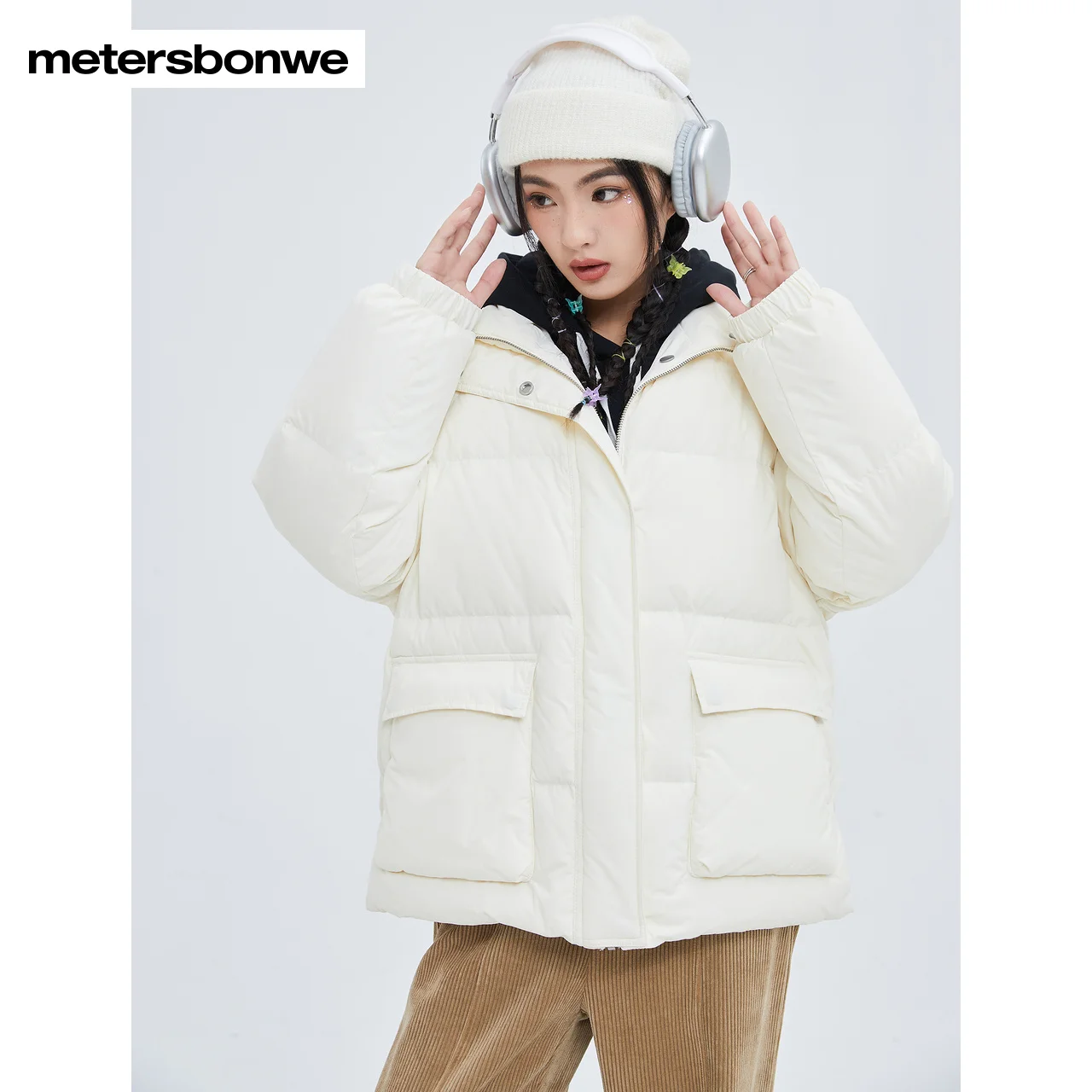 Metersbonwe Women's 22New Winter Loose Stand Collar Down Jacket 80%Duck Down Short Thick Warm Wear Large Pocket Outwear
