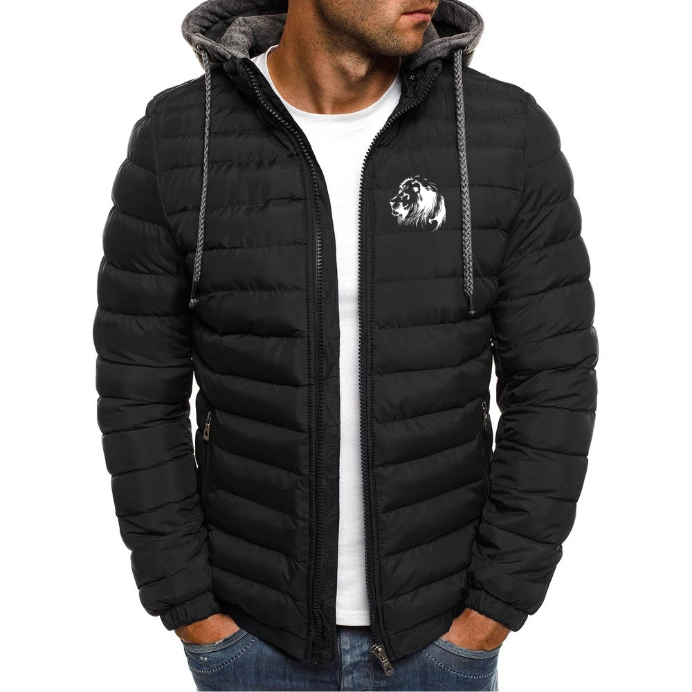 

2022 Meditation Lion Printed Jacket Men Long Sleeve Outerwear Warm Coats Padded Thick Parka Slim Fit Windbreaker Harajuku Style
