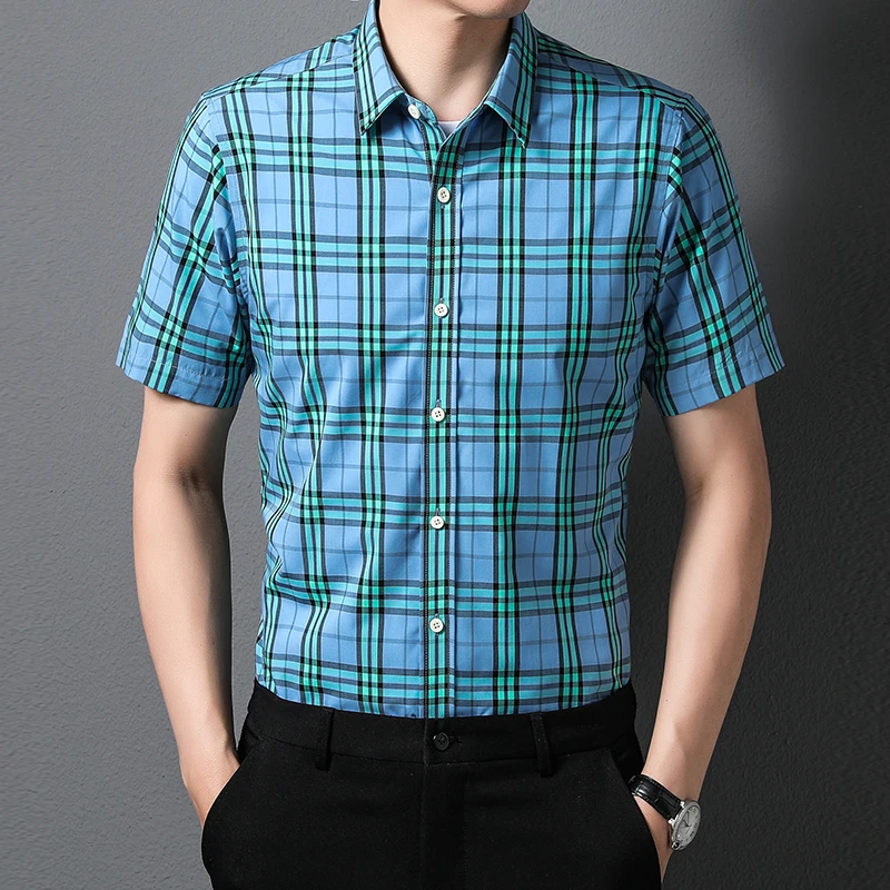 Мужская рубашка в клетку с коротким рукавом из мерсеризованного хлопка |