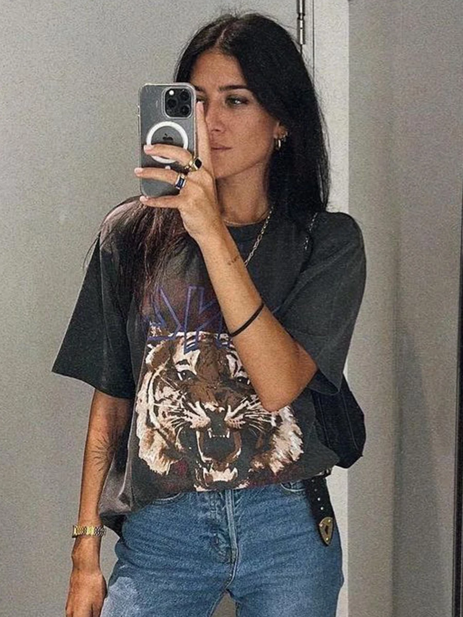 

Tiger Washed Black T-Shirt Women 2023 Summer Cotton Vintage Boho Faded Tshirt Tees Femme Rock n Roll Luxury Casual T-shirts Tops