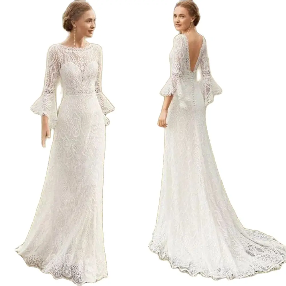 

Miss Veil O-Neck Wedding Dress 3/4 Sleeve Backless Elegant Button Bridal Gown Lace Appliques Zipper Sweep Train Vestido De Novia