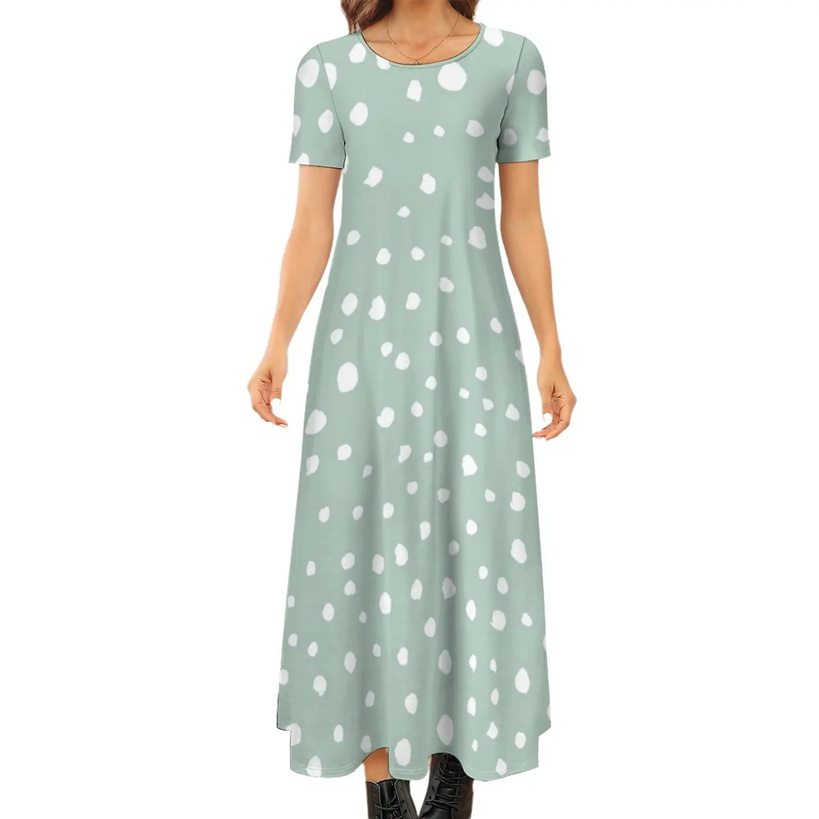 

Dalmatian Spots Dress White Dots Print Elegant Maxi Dress Short Sleeve Aesthetic Boho Beach Long Dresses Oversized Clothing