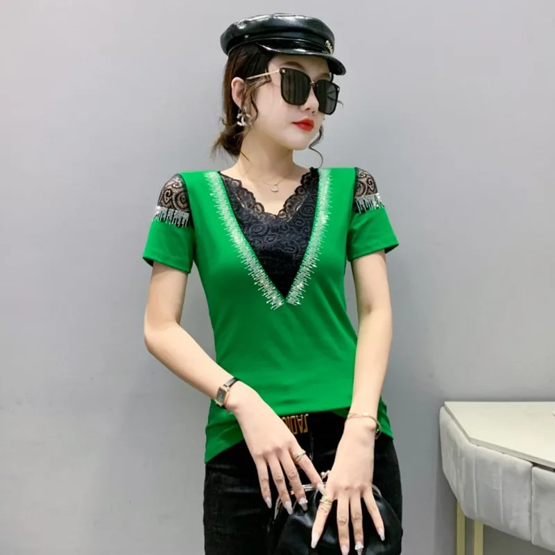 

#6791 женская футболка со стразами, летняя облегающая футболка с коротким рукавом и V-образным вырезом, соблазнительная кружевная черная, зеленая женская футболка, облегающий хлопок