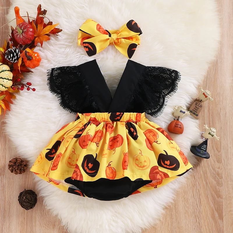 

Infant Girl Halloween Flying Sleeve Romper + Bow Headband, Pumpkin Print Lace Flowers Holiday Clothing