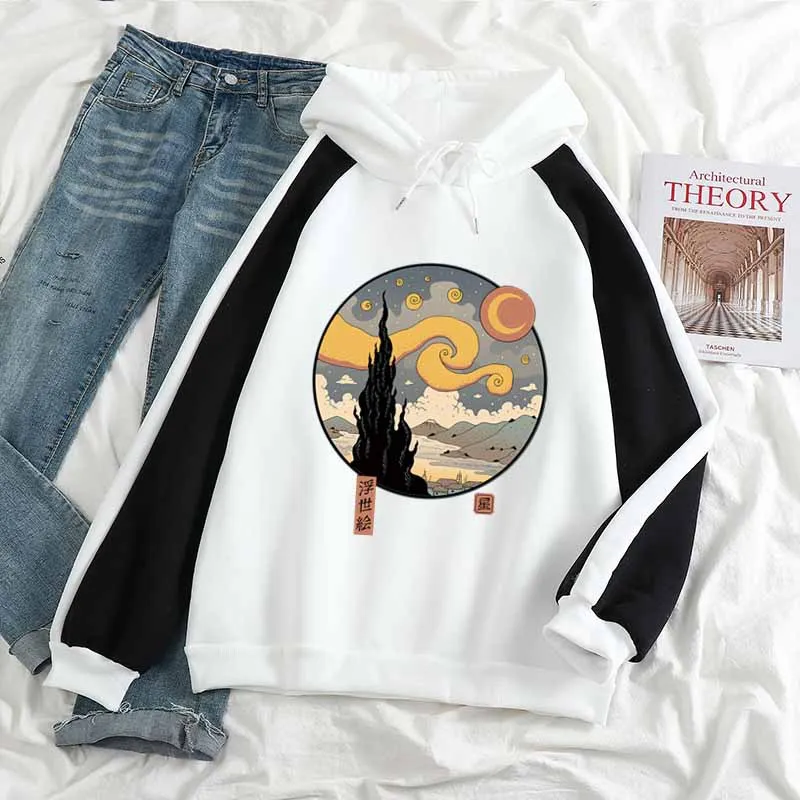 

2022New Autumn Winter Ukiyo-e Style Starry Night Vintage Women Sweetshirts Long Sleeve Top Fleece Thick Warm Spell Color Hoodies