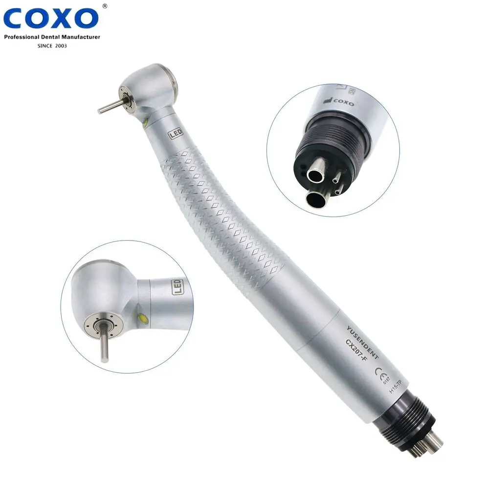 COXO Dental LED Self Power High Speed Handpiece 4Holes Big Torque Head Push Button Air Turbine Single Way Spray CX207-F-TP