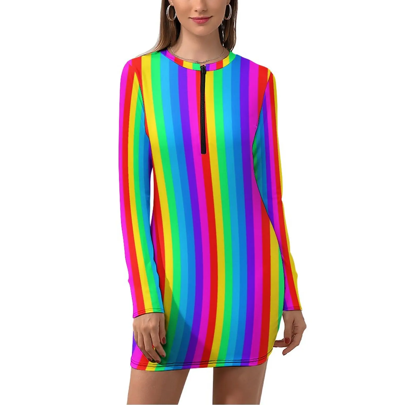 

Rainbow Stripes Dress Long Sleeve Colorful Pattern Kawaii Dresses Autumn Female Aesthetic Printed Bodycon Dress Big Size 2XL