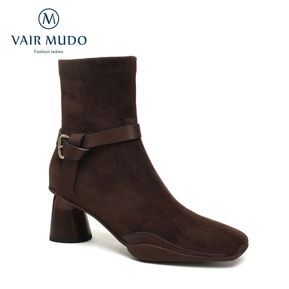 

VAIR MUDO 2022 Casual Women Ankle Boots Suede Leather Squared Toe Zipper Thick Mid Heels Fashion Elegant Winter Autumn SexyShoes