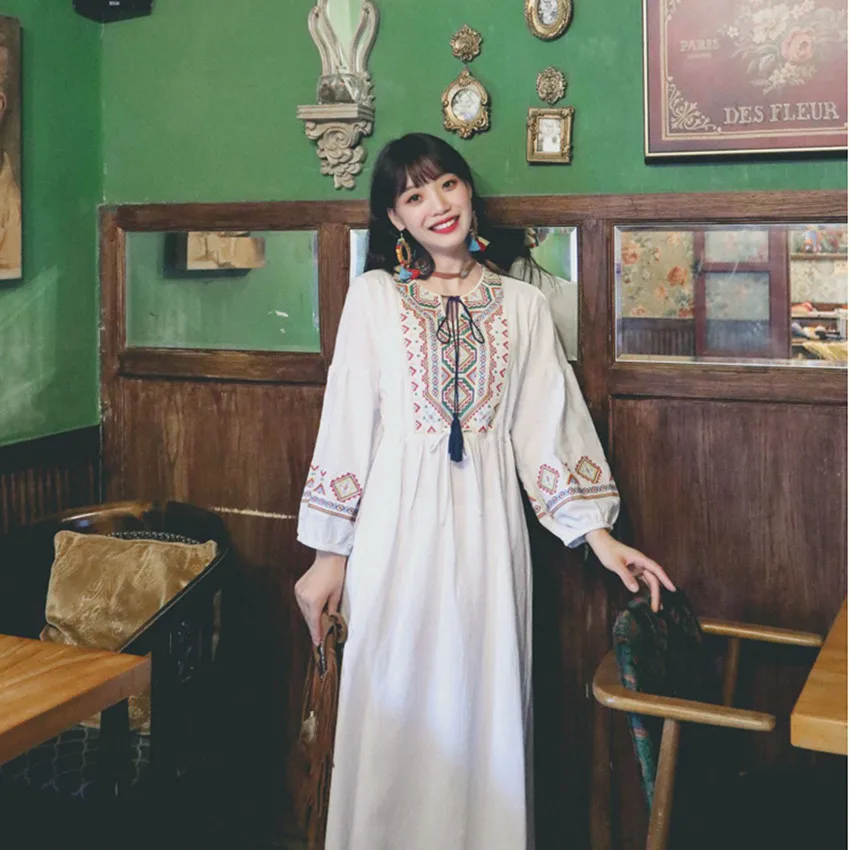 

Spring Aummer Cotton Linen Shirt Dress Women Long Sleeve Holiday Dress Boho Retro Embrodiery Midi-calf Dresses Boho Retroestdios