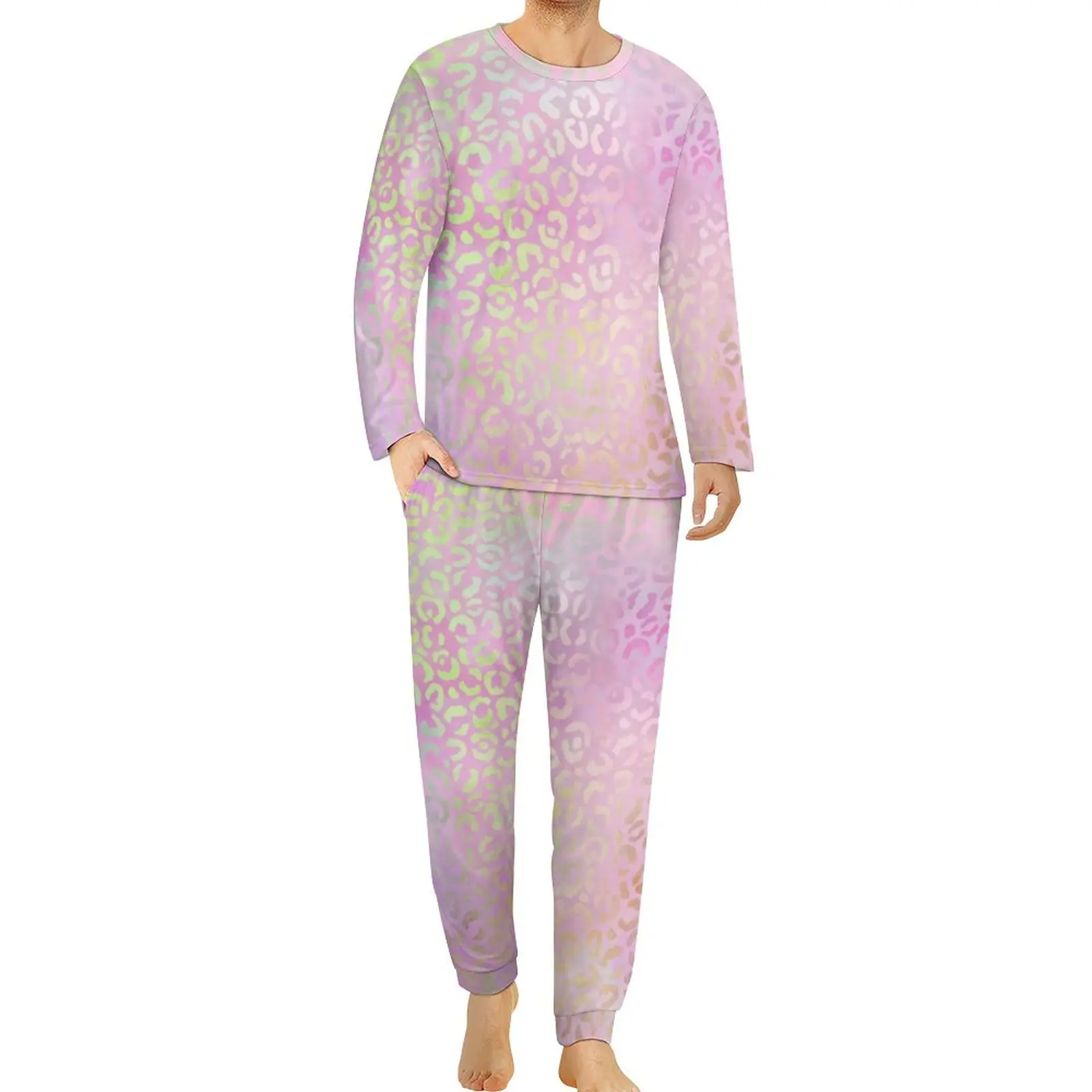 Pink Leopard Print Pajamas Long Sleeves Abstract Rainbow 2 Piece Sleep Pajamas Set Autumn Men Graphic Cute Oversize Nightwear