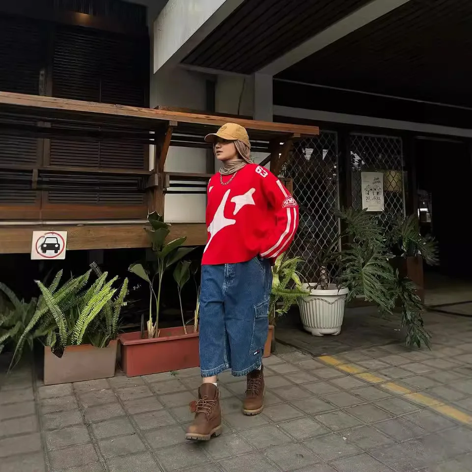 Y2k зимний пуловер с длинными рукавами и круглым вырезом уличный вязаный