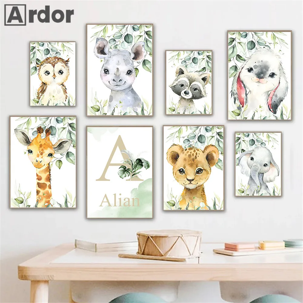 

Eucalyptus Animals Canvas Painting Custom Baby Name Nursery Canvas Print Lion Giraffe Art Poster Wall Pictures Kids Room Decor