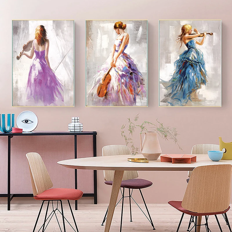 Pintura de diamantes 5D Diy para decoración de sala de estar, bordado de diamantes de violín, Niña y Niña de baile, estilo nórdico Y4861