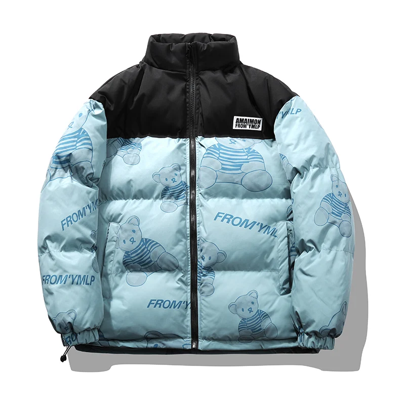 Fashion Winter Spring Jacket Men Parkas Warm Streetwear Coat Mens Stand Collar Bear Print Zipper Snow Coat Men Outwear Cute