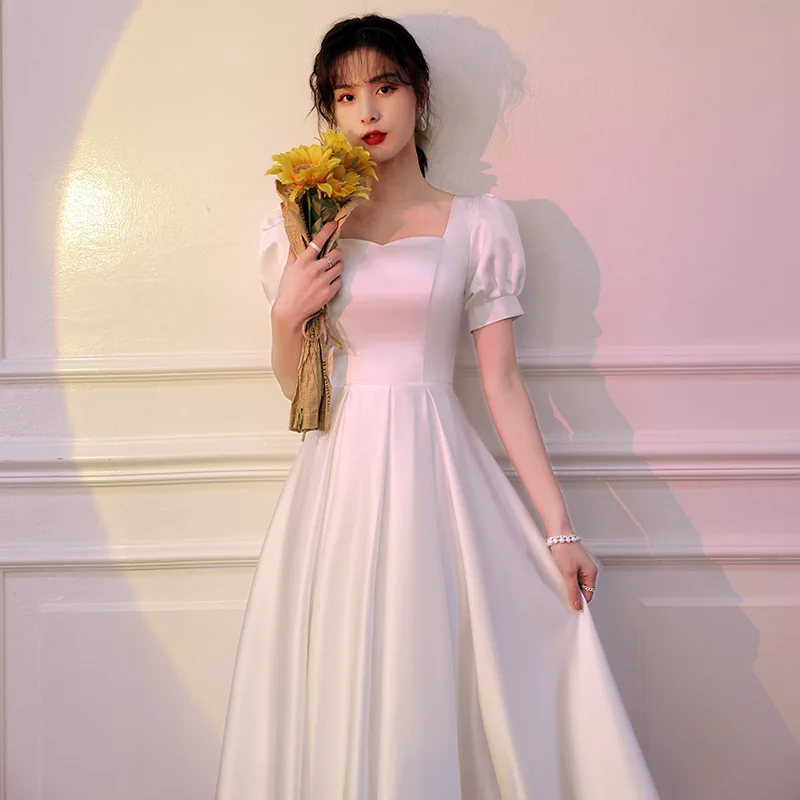 Stain White A-line Dress French Style Elegant Dress for Female Square Collar Short Sleeve Puff Sleeve Dress for Female 2023