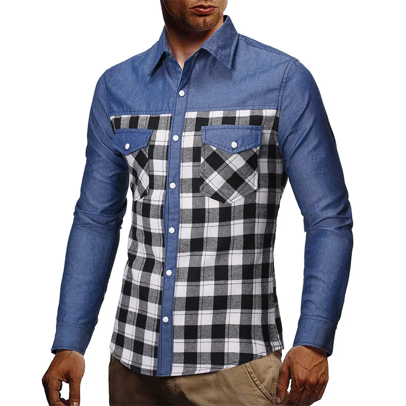 

Mens Long Sleeve Plaid Stitching Denim Shirts male Dress Shirt Brand Casual Denim Checks tops fashion Slim Cowboy tooling Shirts