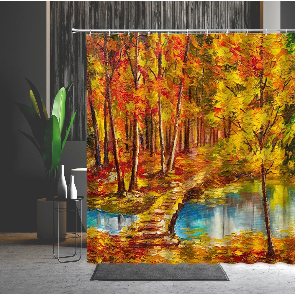 

Hand Painted Mountain Tree Natural Landscape Plant Machine Washable Printing Bath Curtains With Hooks Waterproof Shower Curtain