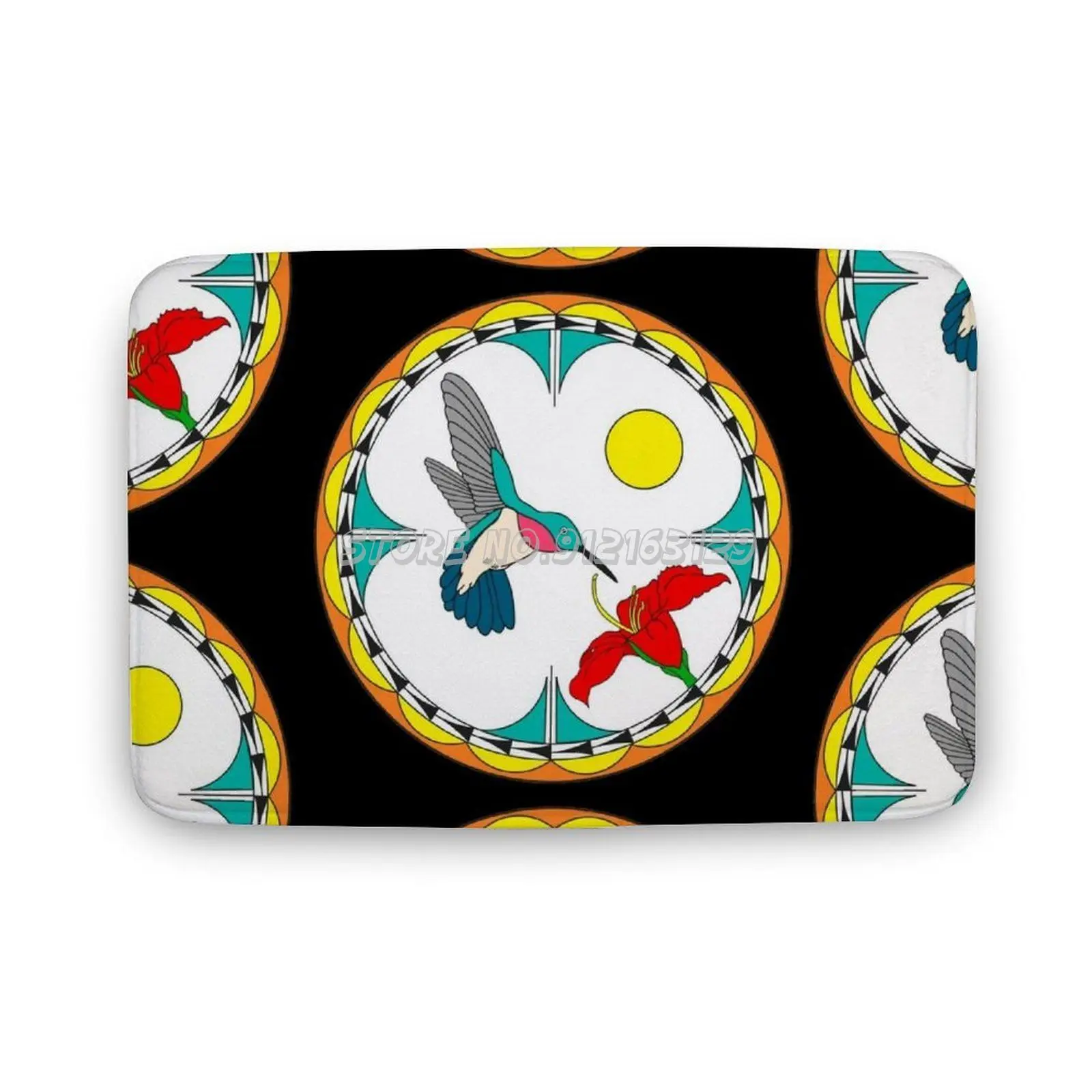 

Hummingbird Floor Mat Anti Slip Rugs Home Bedroom Foot Mat Pueblo Native Tribal Hummingbird Hibiscus Flower