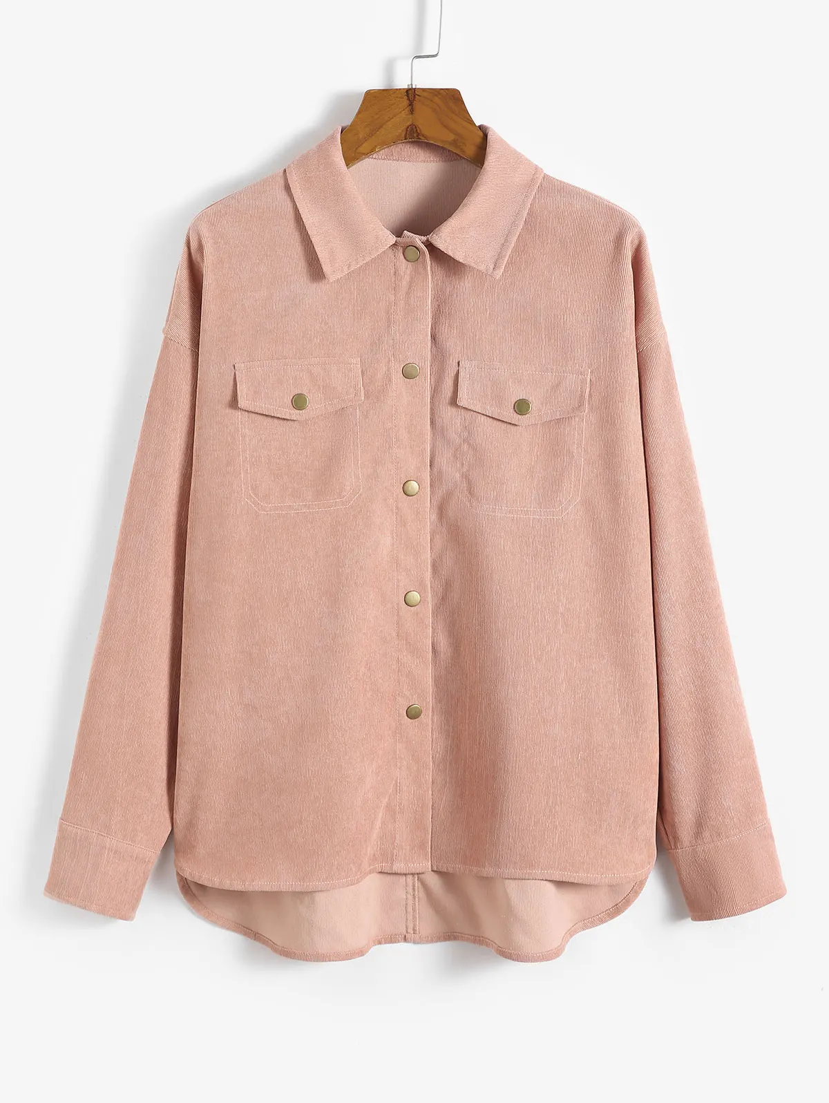 

ZAFUL High Low Flap Details Corduroy Shacket Female Long Sleeve Single Breasted Shirt Jacket Spring Fashion