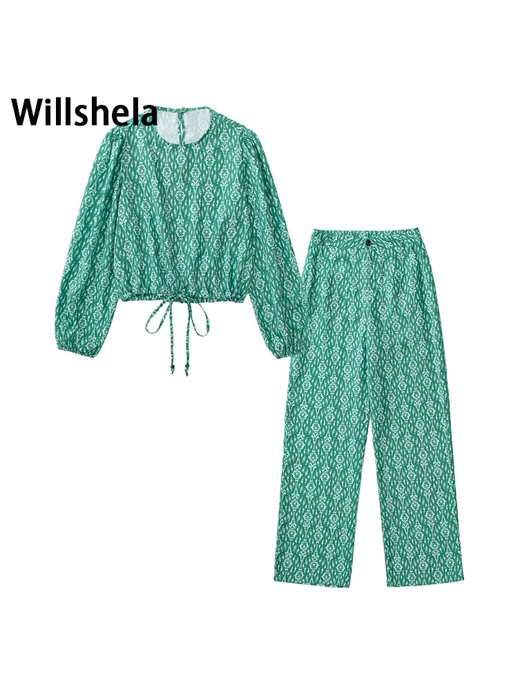

Willshela Women Fashion Two Piece Set Printed Bow Cropped Blouse Straight Leg Trousers Chic Lady Home Wear Pants Sets
