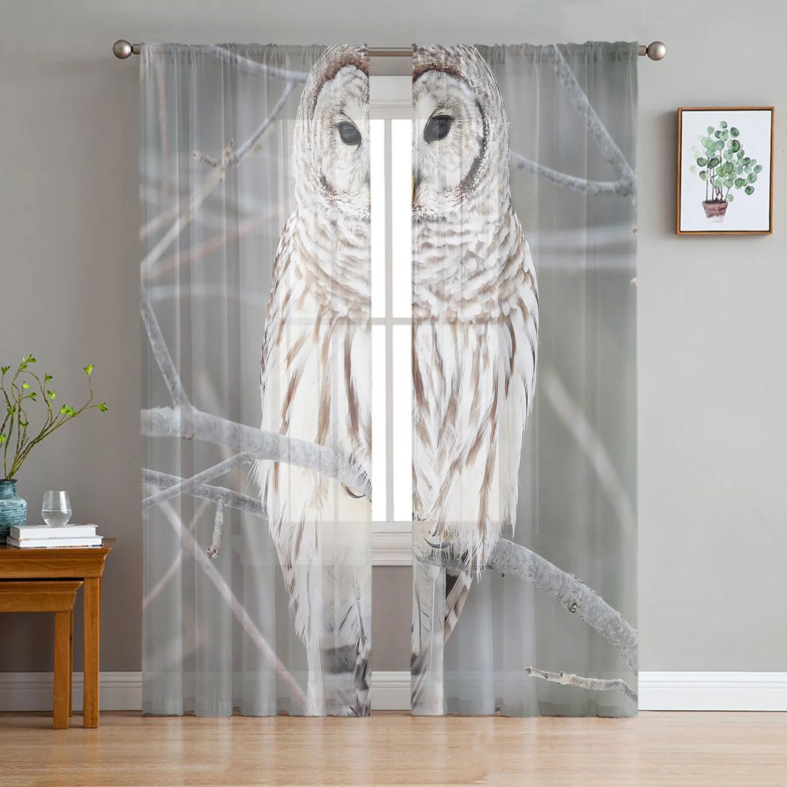 

Winter Owl Branches Gray Sheer Curtains for Living Room Voile Curtain Bedroom Bathroom Tulle Curtains Window Drapes
